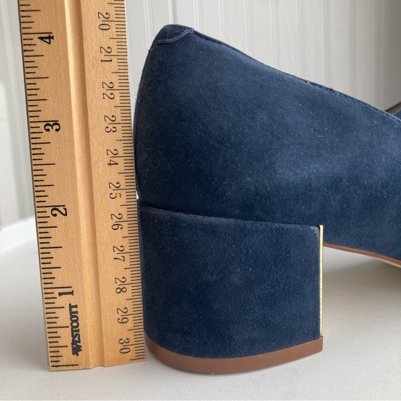 Talbots Indigo Blue Claire Block Heel Pumps Suede Gold Size 6M Women’s Shoes - Picture 14 of 16
